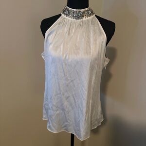 Cache Ivory Satin Halter Top with Jeweled Collar